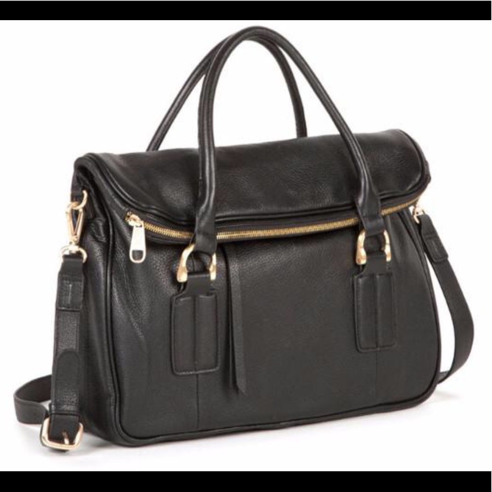 NWT BY MASSI FAB FOLDOVER LEATHER SATCHEL (BLACK)